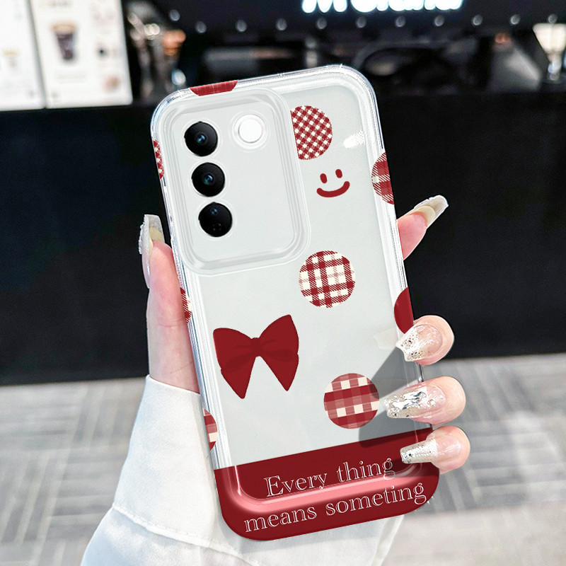 เคสสำหรับ VIVO V29 5G V29 Pro 5G V27 5G V27 Pro 5G เคสโทรศัพท์โบว์สีแดงลายสก๊อตฝาครอบป้องกันซิลิโคนโปร่งใส
