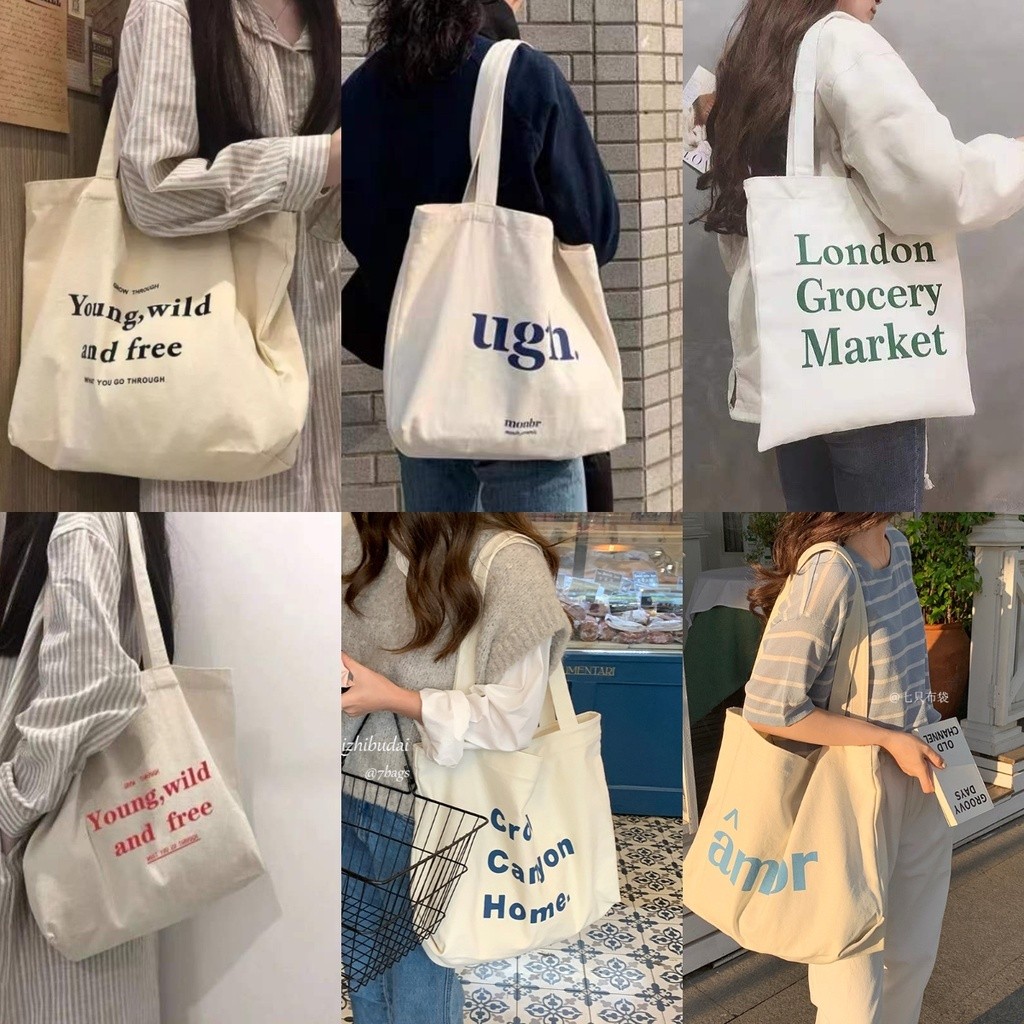 งานดี✅10 ลาย กระเป๋าผ้ามินิมอล Tote Bag กระเป๋าผ้าสกรีน ขนาด 43x33cm