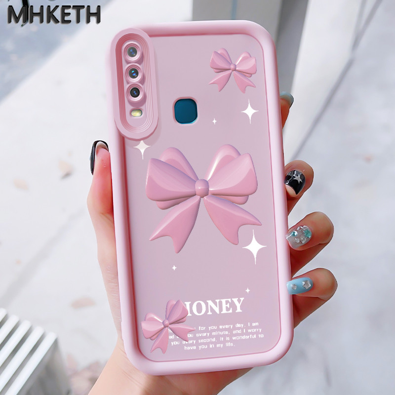MHKEID เคสสำหรับ VIVO Y17 Y15 Y12 Y12i Y3 Y3s 2020 เคสป้องกันโทรศัพท์ตกลายโบว์สีชมพู
