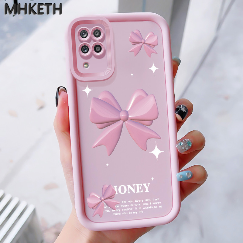 MHKEID เคสสำหรับ Samsung A12 4G A12 5G F12 M12 เคสป้องกันโทรศัพท์ตกลายโบว์สีชมพู