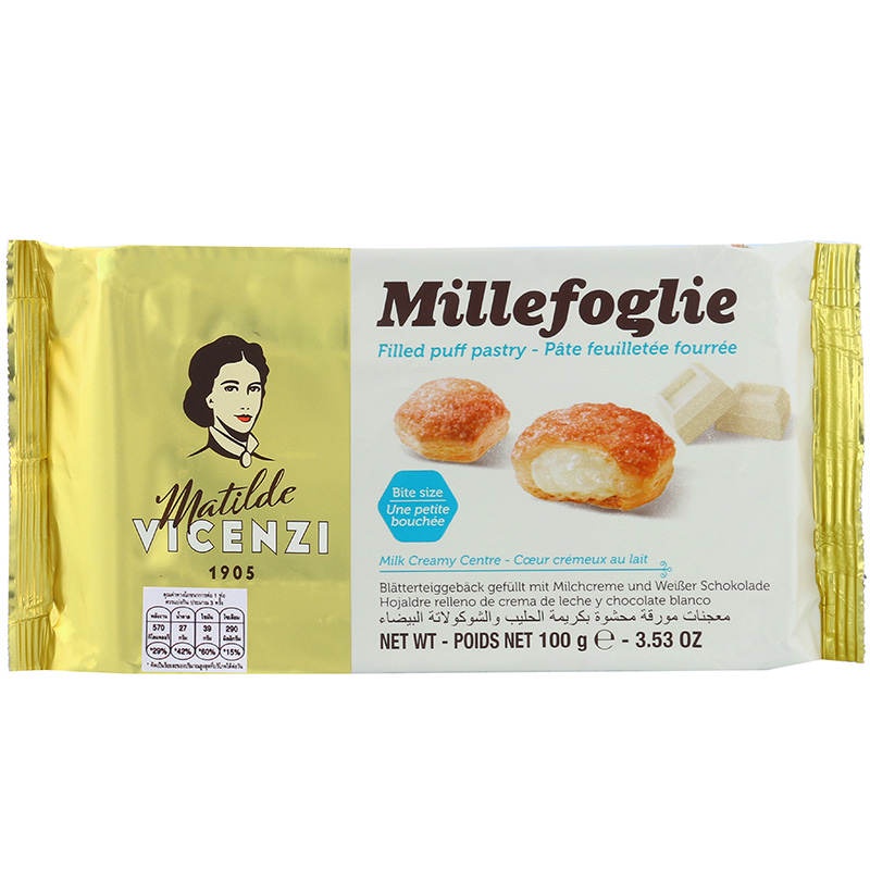 วิเซนซิพัพฟ์กรอบสอดไส้ครีมรสนม 100กรัม Vicenzi Puff Pastry Filled with Milk Cream 100g.