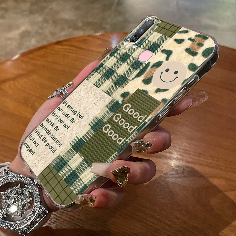 เคสสำหรับ VIVO Y12 Y12i Y15 Y17 Y3 Y3s Y17s Y36i G2 Y28 5G เคสโทรศัพท์หน้ายิ้มสีเขียวลายสก๊อต