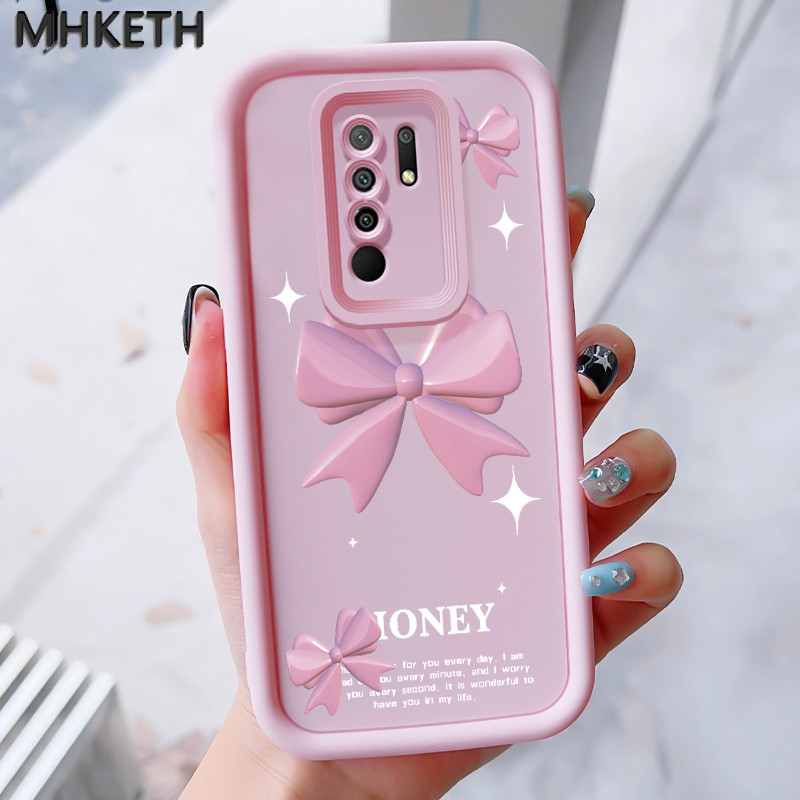 MHKEID เคสสำหรับ Xiaomi Redmi 9 Prime POCO M2 เคสป้องกันโทรศัพท์ตกลายโบว์สีชมพู