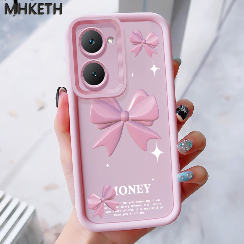 MHKEID เคสสำหรับ VIVO Y03 Y03T Y18 Y18i Y18e Y18t Y18s Y28e 5G เคสป้องกันโทรศัพท์ตกลายโบว์สีชมพู