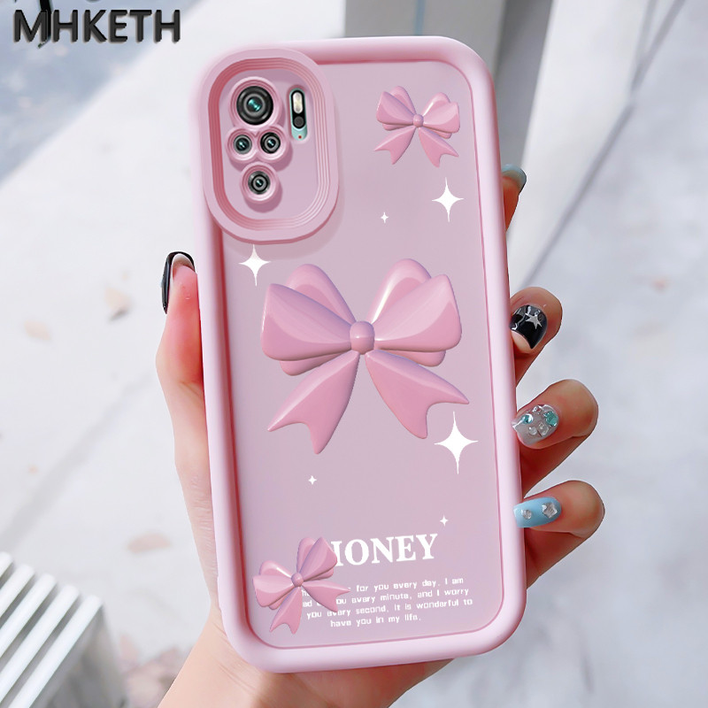 MHKEID เคสสำหรับ Xiaomi Redmi Note 10 Pro Note 10s POCO M5s เคสป้องกันโทรศัพท์ตกลายโบว์สีชมพู