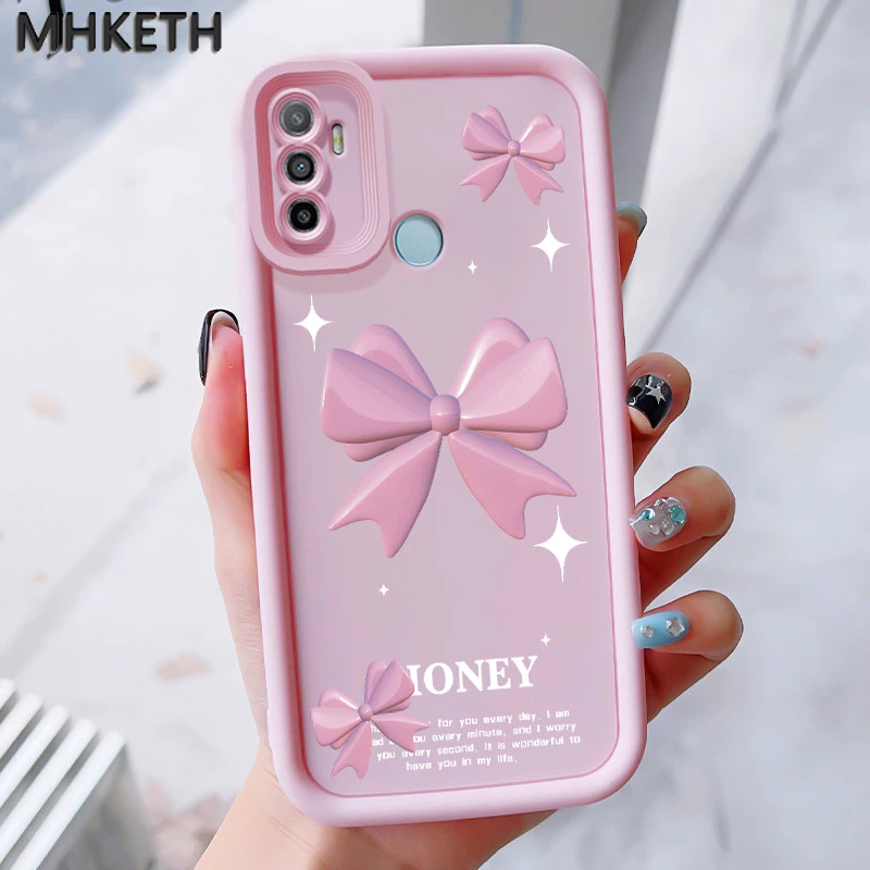 MHKEID เคสสำหรับ OPPO A53 2020 A33 2020 A53s A32 A94 F19 Pro Reno 5F 5 Lite A11s เคสป้องกันโทรศัพท์ตกลายโบว์สีชมพู