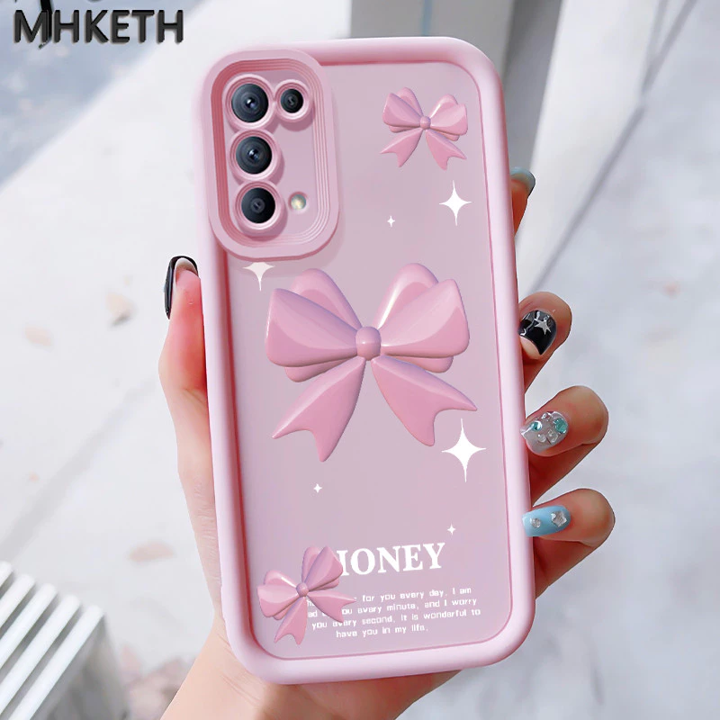 MHKEID เคสสำหรับ OPPO Reno 5 4G Reno 5 5G Reno 5K 5G เคสป้องกันโทรศัพท์ตกลายโบว์สีชมพู