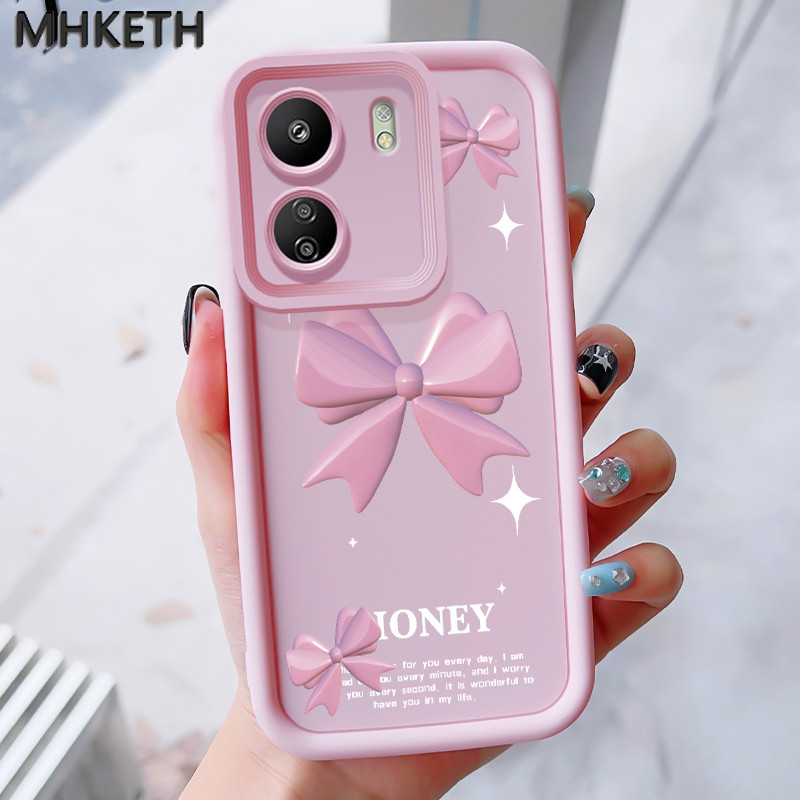 MHKEID เคสสำหรับ Xiaomi Redmi 13C POCO C65 เคสป้องกันโทรศัพท์ตกลายโบว์สีชมพู