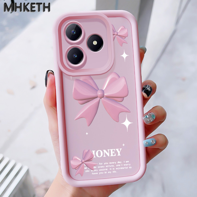 MHKEID เคสสำหรับ Realme C63 C61 Narzo N63 N61 Note 60 Note 60X เคสป้องกันโทรศัพท์ตกลายโบว์สีชมพู