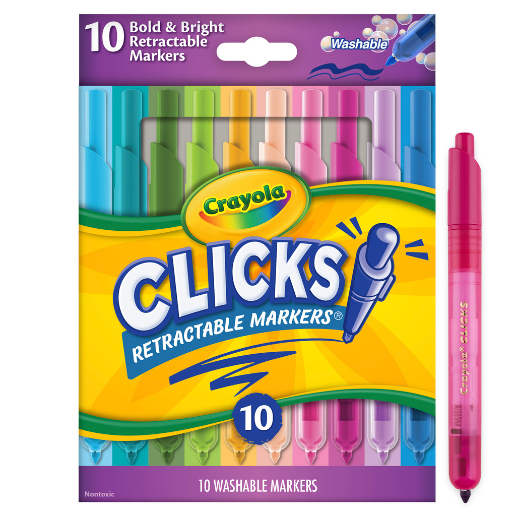 Crayola 10Ct Bold & Bright Clicks Retractable Washable Markers เครโยล่า ปากกาสีเมจิก แบบกด 10สีสว่างสดใส 58-8373