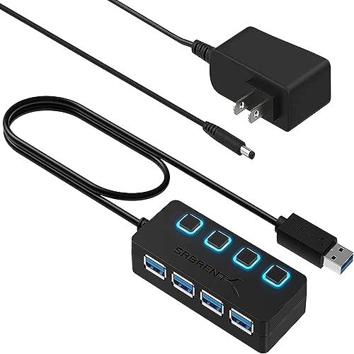 SABRENT usb hub powered 3.2 Gen 1, 4 ports with 5V/2.5A power adapter LED switch for SuperSpeed 5Gbp