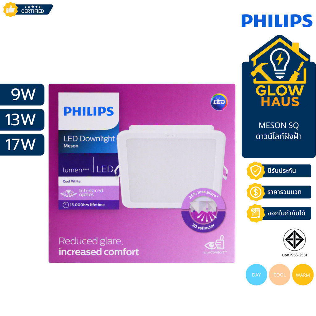 PHILIPS Meson SQ GEN4 โคมไฟฝังฝ้า หน้าเหลี่ยม 9W 13W 17W 3000k/4000k/6500k Downlight