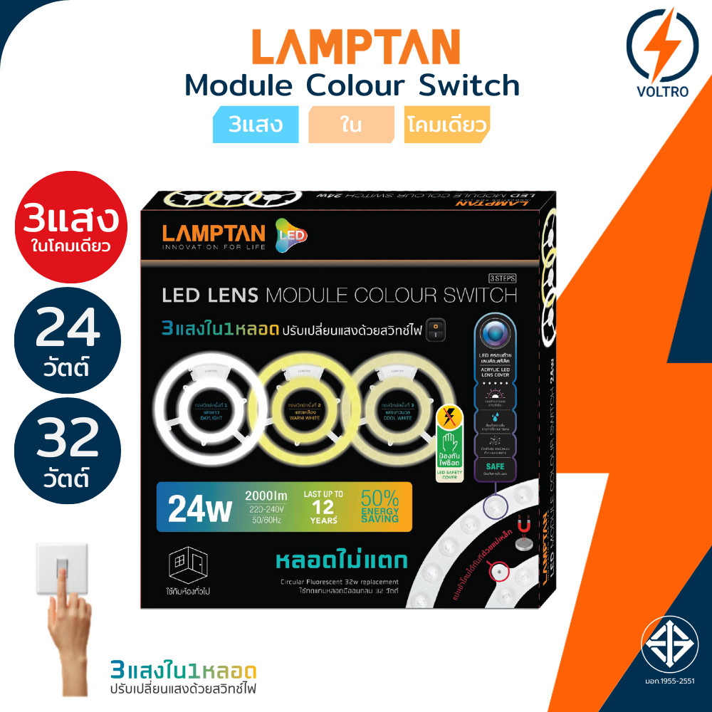 Lamptan โคมไฟซาลาเปา 3แสง Led 24W 2700K 4000K 6500K Ceiling light รุ่น LENS MODULE COLOUR SWITCH