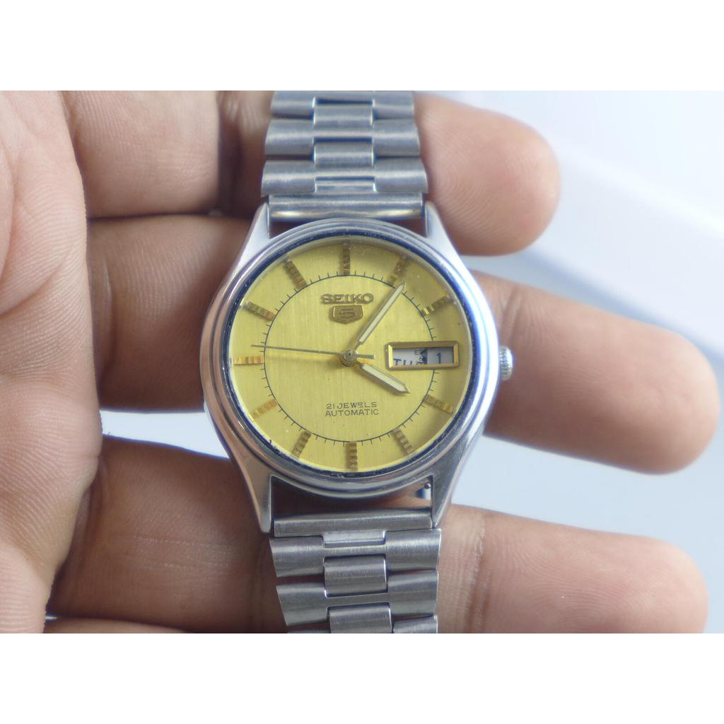 นาฬิกา Vintage มือสองญี่ปุ่น Seiko 5 6309 5080 AUTOMATIC ทรงกลม กรอบเงิน หน้าทอง สำหรับอะไหล่/ซ่อม ข