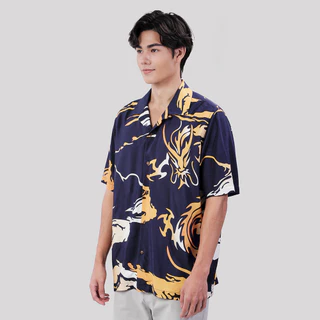 John Henry เสื้อเชิ้ตฮาวายผู้ชายแขนสั้น ทรงใส่สบาย รุ่น JH S126MSSRL12 - สีกรมท่า