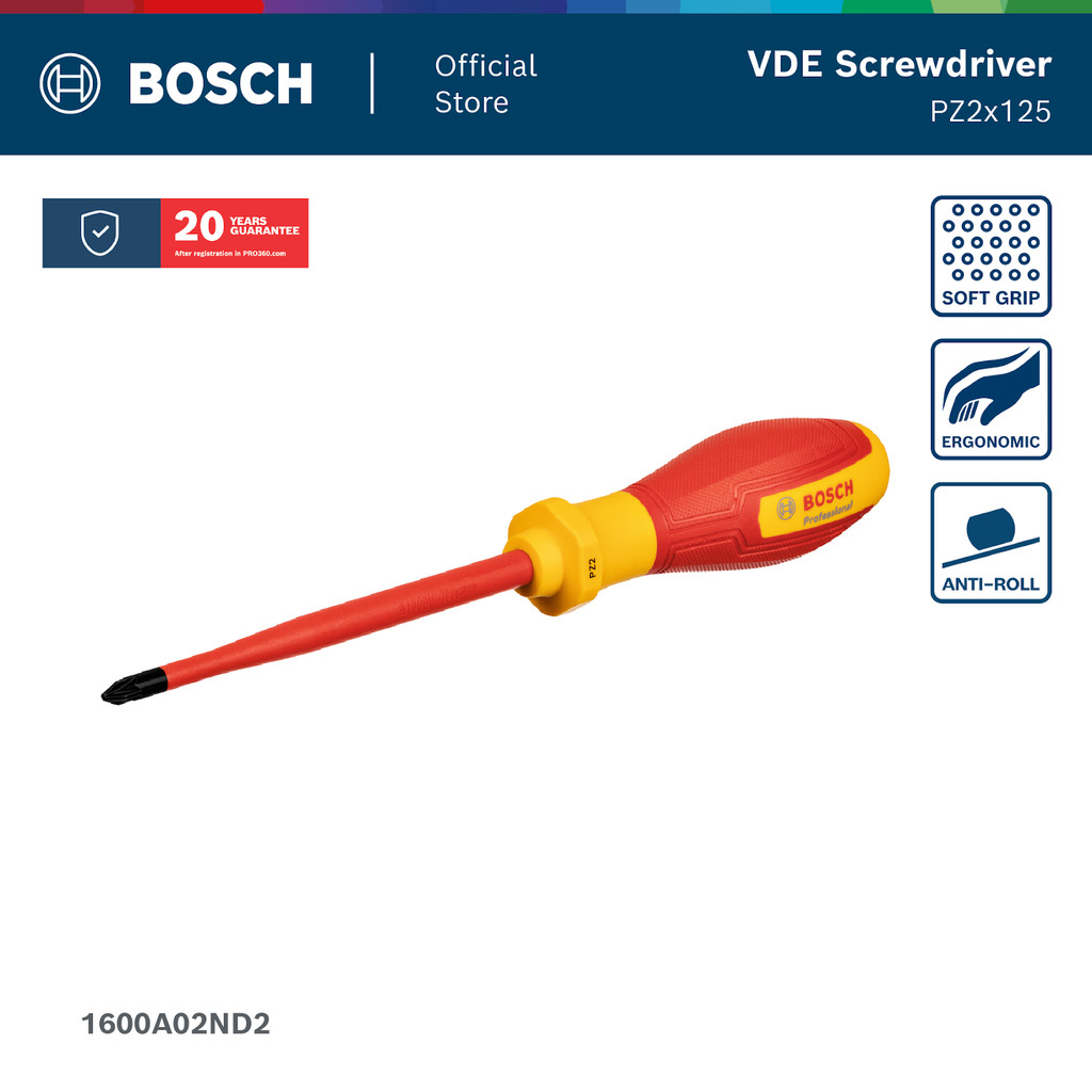 Bosch ไขควงกันไฟ VDE Pozidriv PZ 2 หุ้มฉนวน 1,000V (125 มม.) (รหัส 1600A02ND2)
