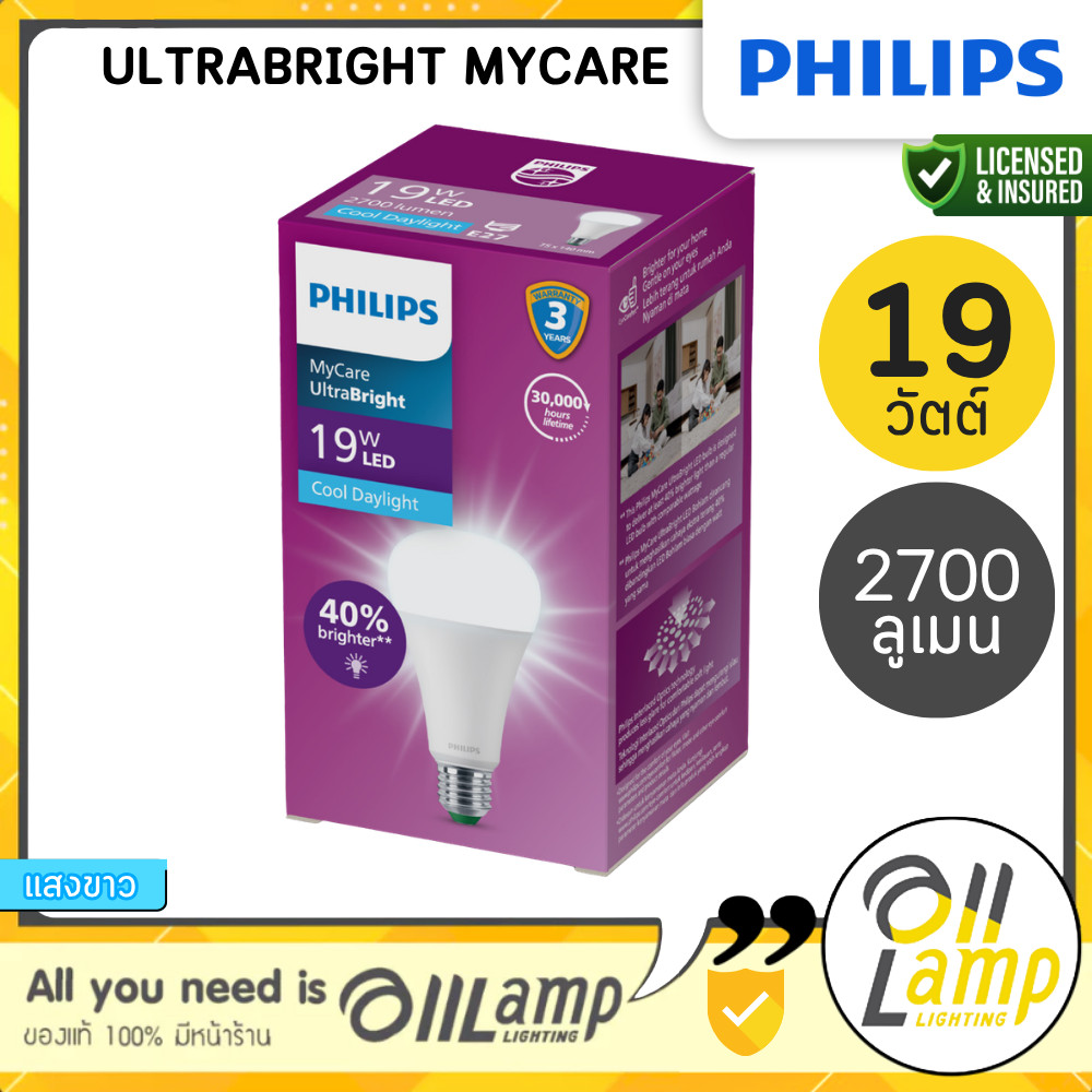 (สว่างมากก) Philips Mycare หลอดไฟ 19W 2700lm UltraBright 6500K แสงขาว Daylight A75 Led Bulb รวมแวท
