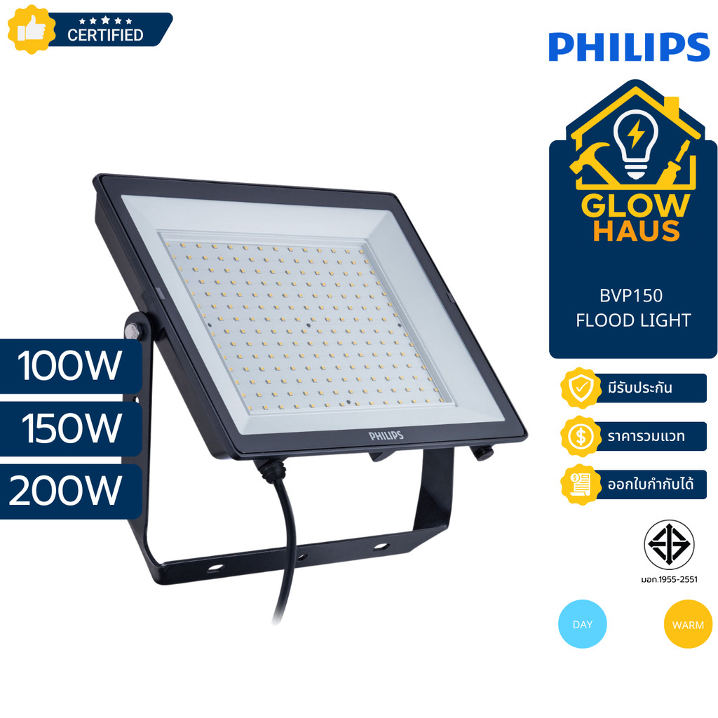 PHILIPS BVP150 โคมไฟฟลัดไลท์ LED 100W 150W 200W 3000K/6500K ประกันศูนย์ไทยแท้