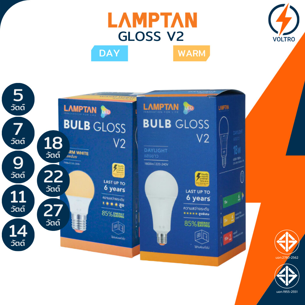 [แพ็ค2] Lamptan หลอดไฟ Led E27 3W 5W 7W 9W 11W 14W 18W 22W 27W แสงขาว แสงเหลือง รุ่น NEW GLOSS V2