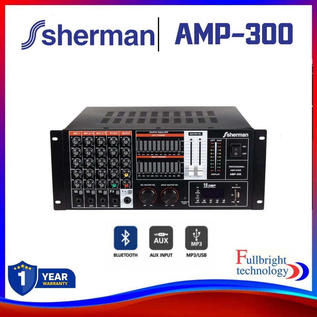 Sherman AMP-300 มิกเซอร์แอมป์ 400W 5 Mic 10 EQ รับประกัน 1 ปี