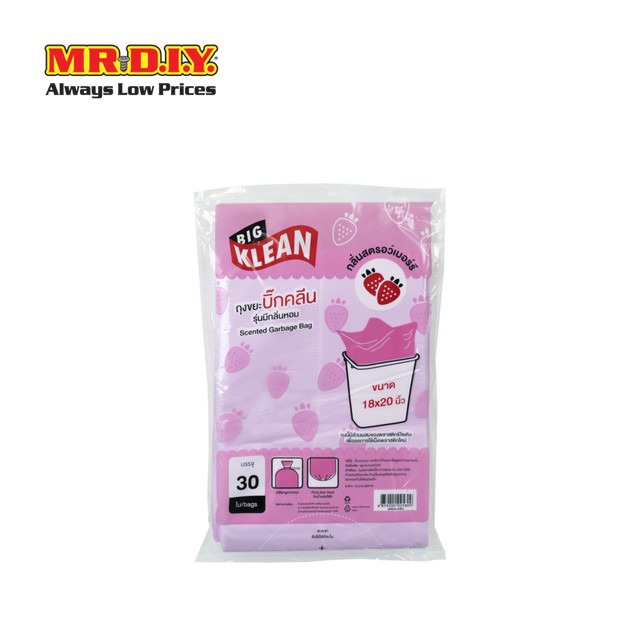 BIG KLEAN ถุงขยะ กลิ่น Strawberry มีเชือกรัดปากถุง ขนาด 18 X 20 นิ้ว จำนวน 30 ใบ/แพ็ก