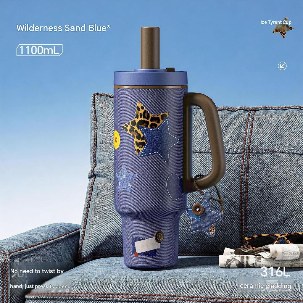 แก้วเก็บอุณหภูมิ 316L เคลือบเซรามิก พร้อมหูจับ 1100 มล. สี Sand Blue