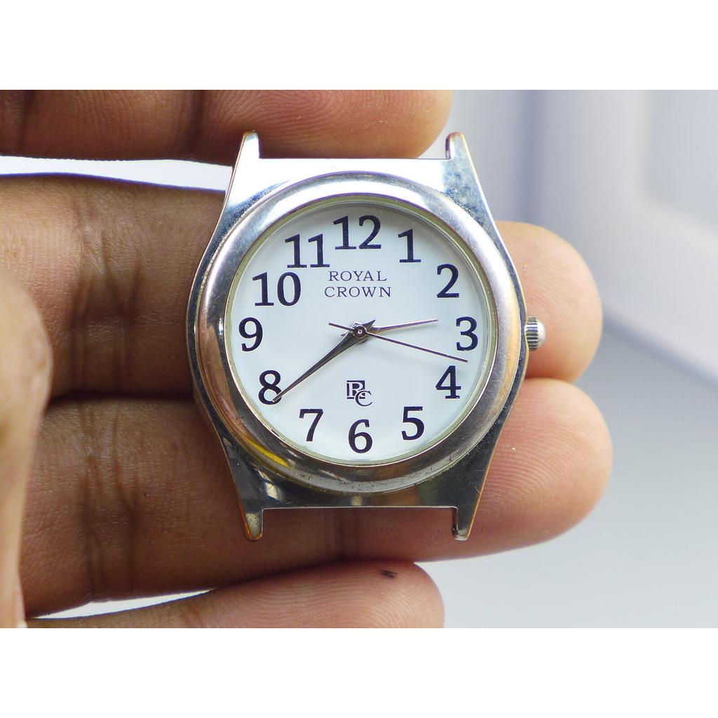 นาฬิกา Vintage มือสองญี่ปุ่น ROYAL CROWN ผู้ชาย ทรงกลม กรอบเงิน หน้าขาว ไม่มีสาย 33mm