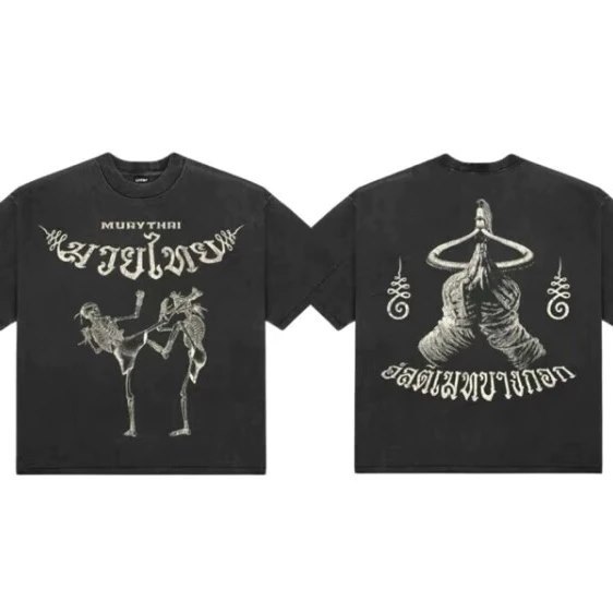 เสื้อยืดสตรีท ลายอักขระยันต์ สไตล์อเมริกันวินเทจ เสื้อยืดทรงหลวม Oversize เสื้อแฟชั่นผู้ชาย เสื้อคู่ ชาย-หญิง