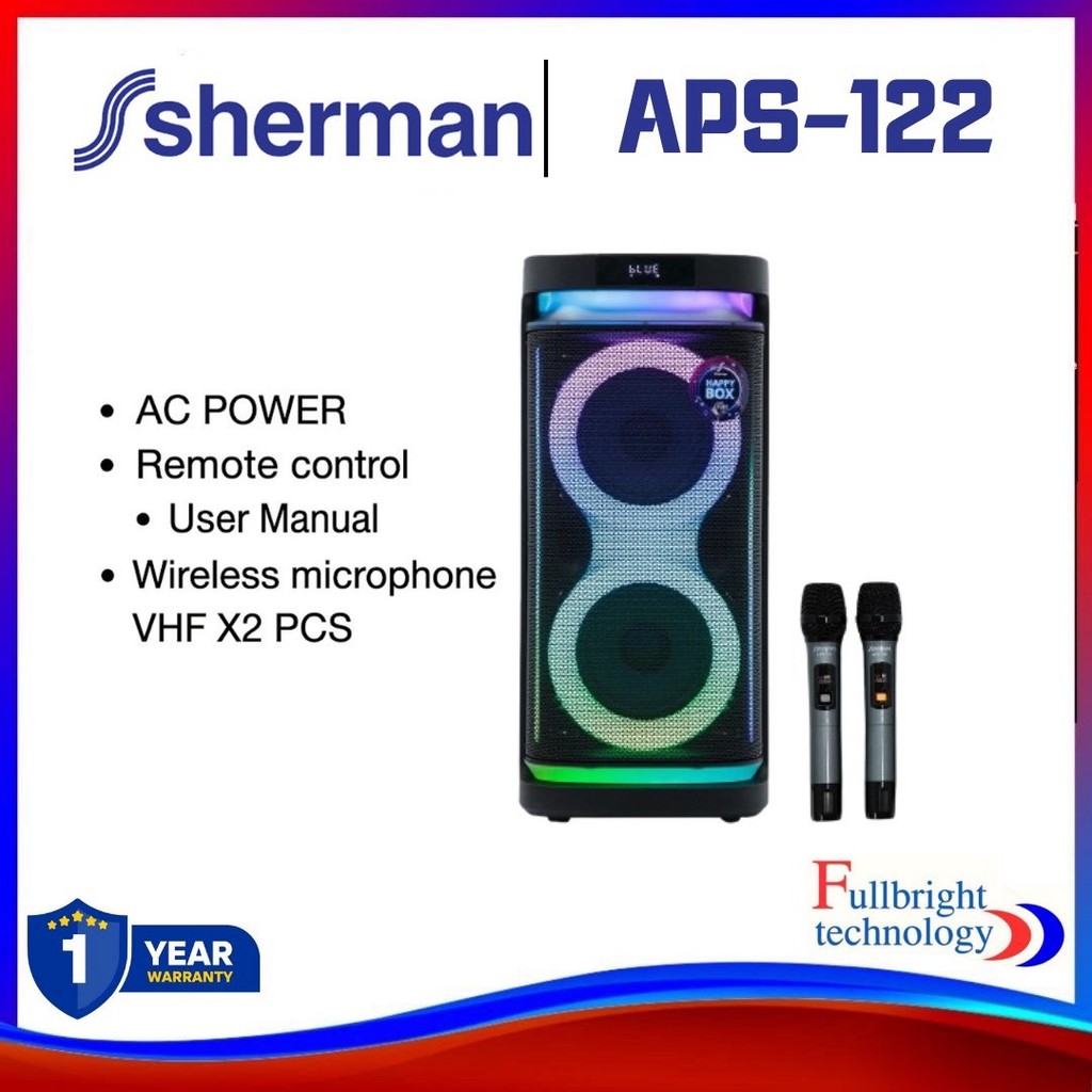 Sherman APS 122 ลำโพงปาร์ตี้ขนาด 8 นิ้ว กำลังขับ 70 วัตต์ ไฟ RGB พร้อมไมค์ลอยถือคู่ มีแบตเตอรี่ในตัว