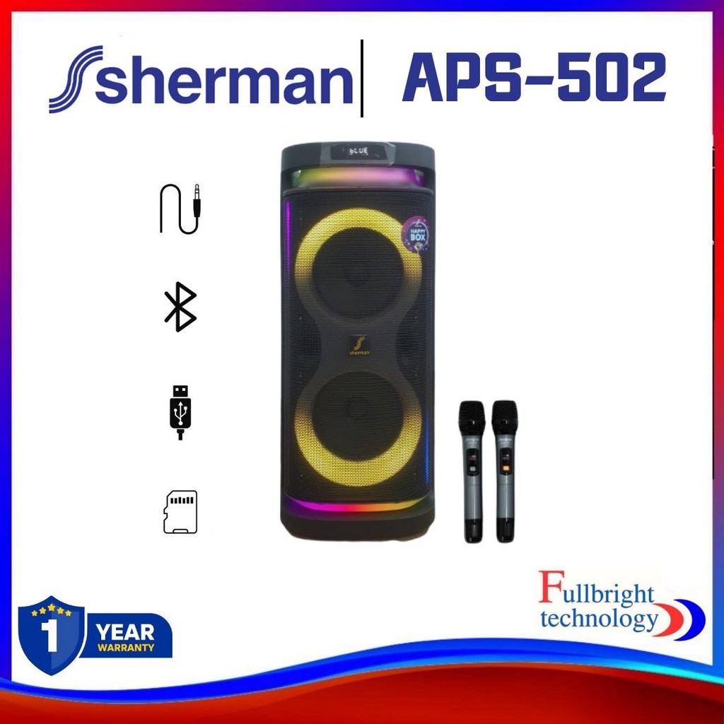 SHERMAN APS-502 ลำโพงปาร์ตี้ บลูทูธ ล้อลาก เบสคู่ ขนาด 10 นิ้ว กำลังขับ 80W รับประกัน 1 ปี