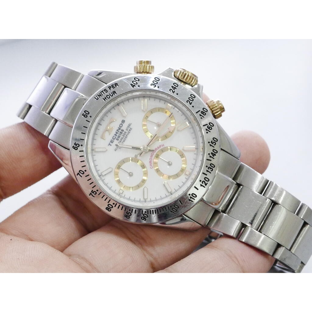 นาฬิกา Vintage มือสองญี่ปุ่น Technos Swiss Chronograph หน้าปัดสีขาว ผู้ชาย Quartz ทรงกลม 43mm