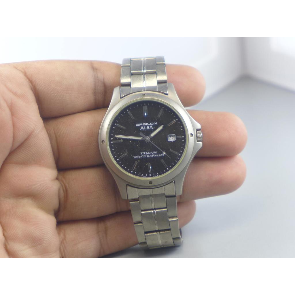 นาฬิกา Vintage มือสองญี่ปุ่น Alba Epsilon Titanium V732 0R80 QUARTZ ผู้ชาย ทรงกลม หน้าดำ สายTitanium