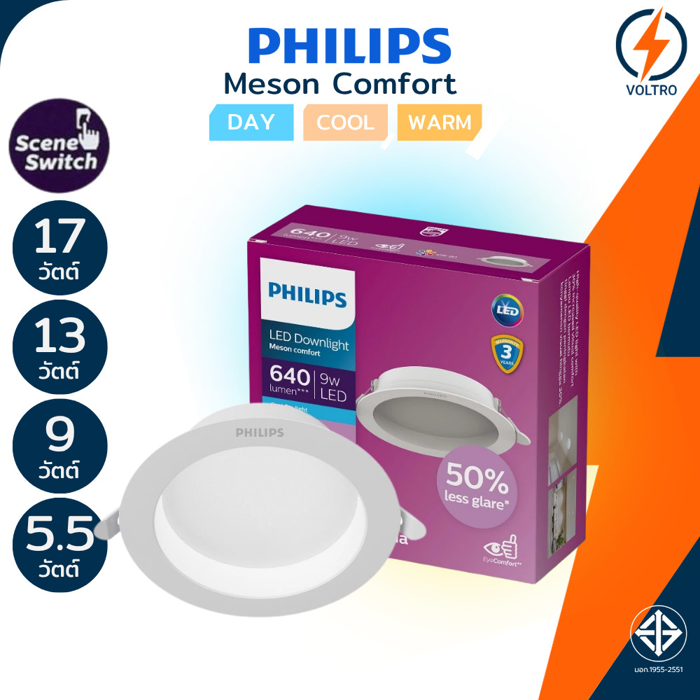 Philips โคมไฟฝังฝ้า3แสง รุ่น Meson Comfort Scene Switch 17W 13W 9W 5.5W 3000K 4000K 6500K Downlight
