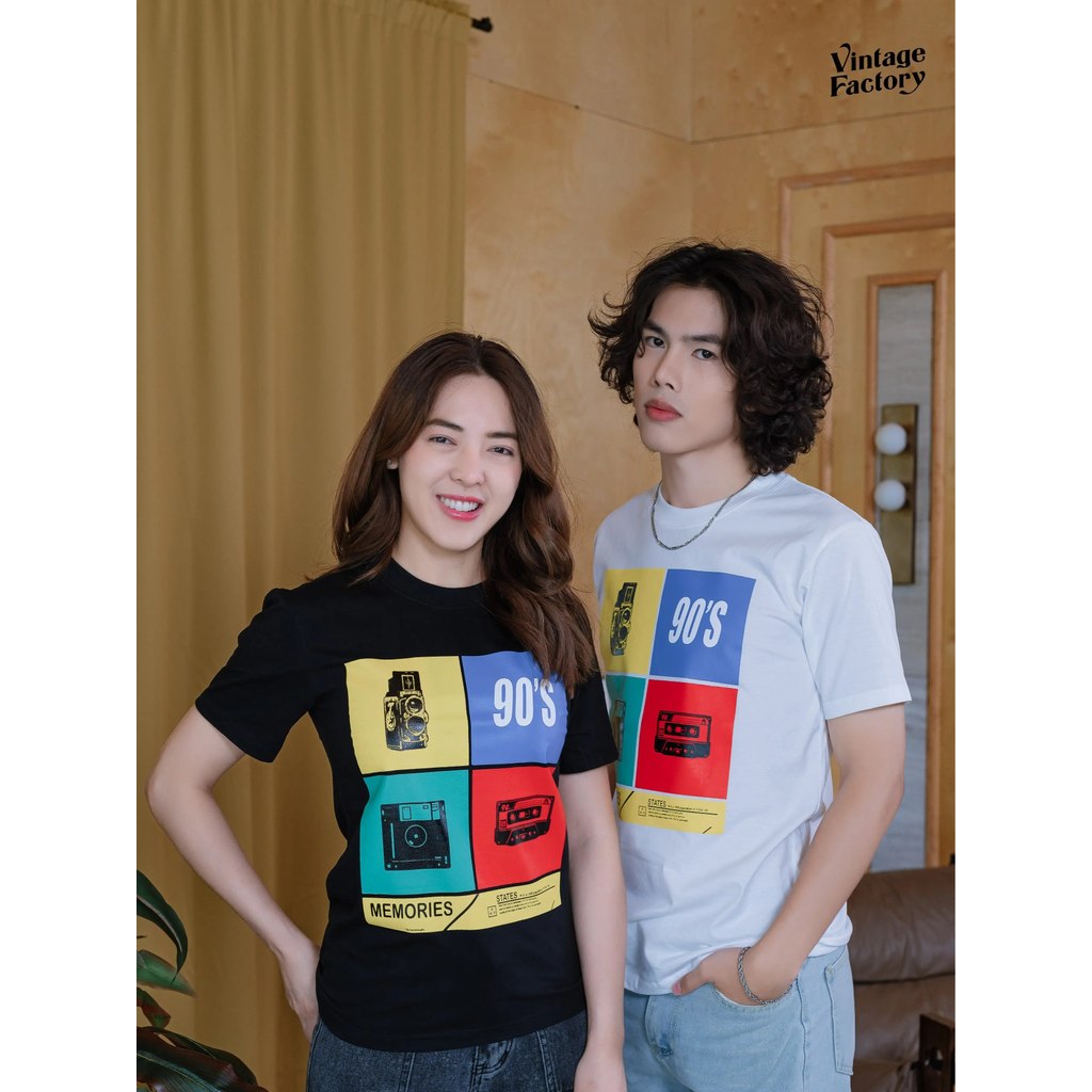 เสื้อยืดโรงงานสไตล์วินเทจยุค90 คอเหลี่ยม ผ้าคอตตอน