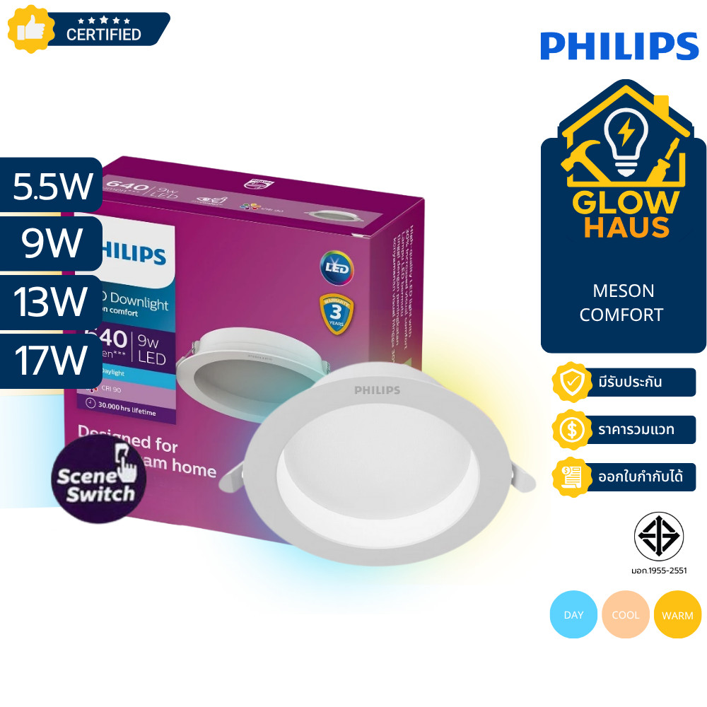 Philips Meson Comfort SSW โคมไฟฝังฝ้า3แสง 17W 13W 9W 5.5W 3000K 4000K 6500K Downlight