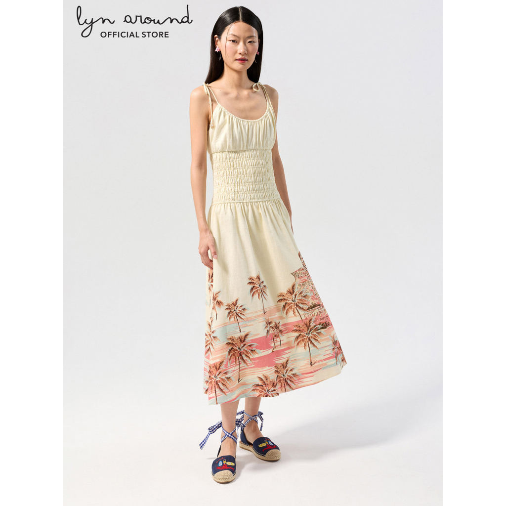 Lyn around - เดรสคลุมเข่าผ้าสม็อคกระโปรงพิมพ์ลาย คอลเลกชัน Palm Spring (A26SGWB030)