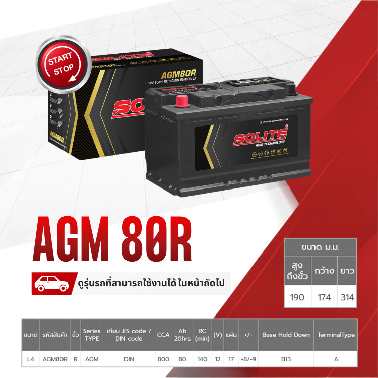 SOLITE แบตเตอรี่แห้ง AGM80R | 80แอมป์ 800 CCA / L4 HYUNDAI STARIA