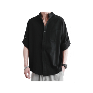 เสื้อลินินฤดูร้อน, เสื้อเชิ้ตแขน 3/4 ของผู้ชาย, เสื้อเชิ้ตคอปกผ้าฝ้ายทรงหลวม, สีดำ，M-5XL（1020）