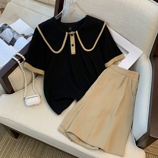 ชุดสูทแขนสั้น คอปก สีตัดกัน สําหรับผู้หญิง