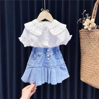 พร้อมส่ง ชุดเสื้อเชิ้ตแขนสั้น กระโปรงยีน จับจีบ สไตล์ใหม่ สําหรับเด็กผู้หญิง