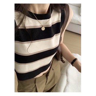 54257 เสื้อแขนกุด ผ้าถัก ลายทาง ใส่สบาย แฟชั่นฤดูร้อน สําหรับผู้หญิง