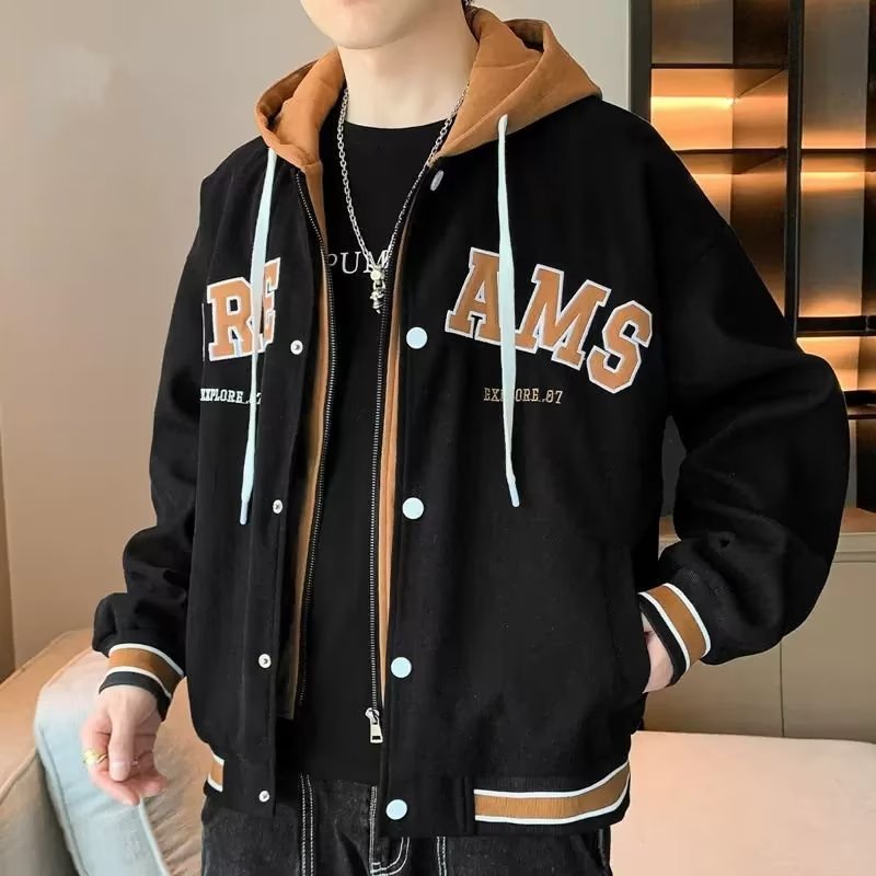 เสื้อแจ็คเก็ตสองชิ้นปลอมผู้ชาย 3 สี ม-2เอ็กแอล ปักมีฮู้ดเสื้อนอกคู่กีฬาลําลองชุดเบสบอล