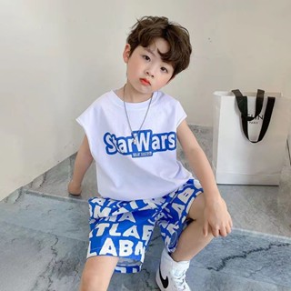 Rokids🔥ชุดเสื้อกั๊กฤดูร้อนสำหรับเด็กผู้ชายฤดูร้อนใหม่อินเทรนด์เสื้อผ้าเด็กชุดกีฬาแขนกุดสไตล์ต่างประเทศ 2 ชิ้น