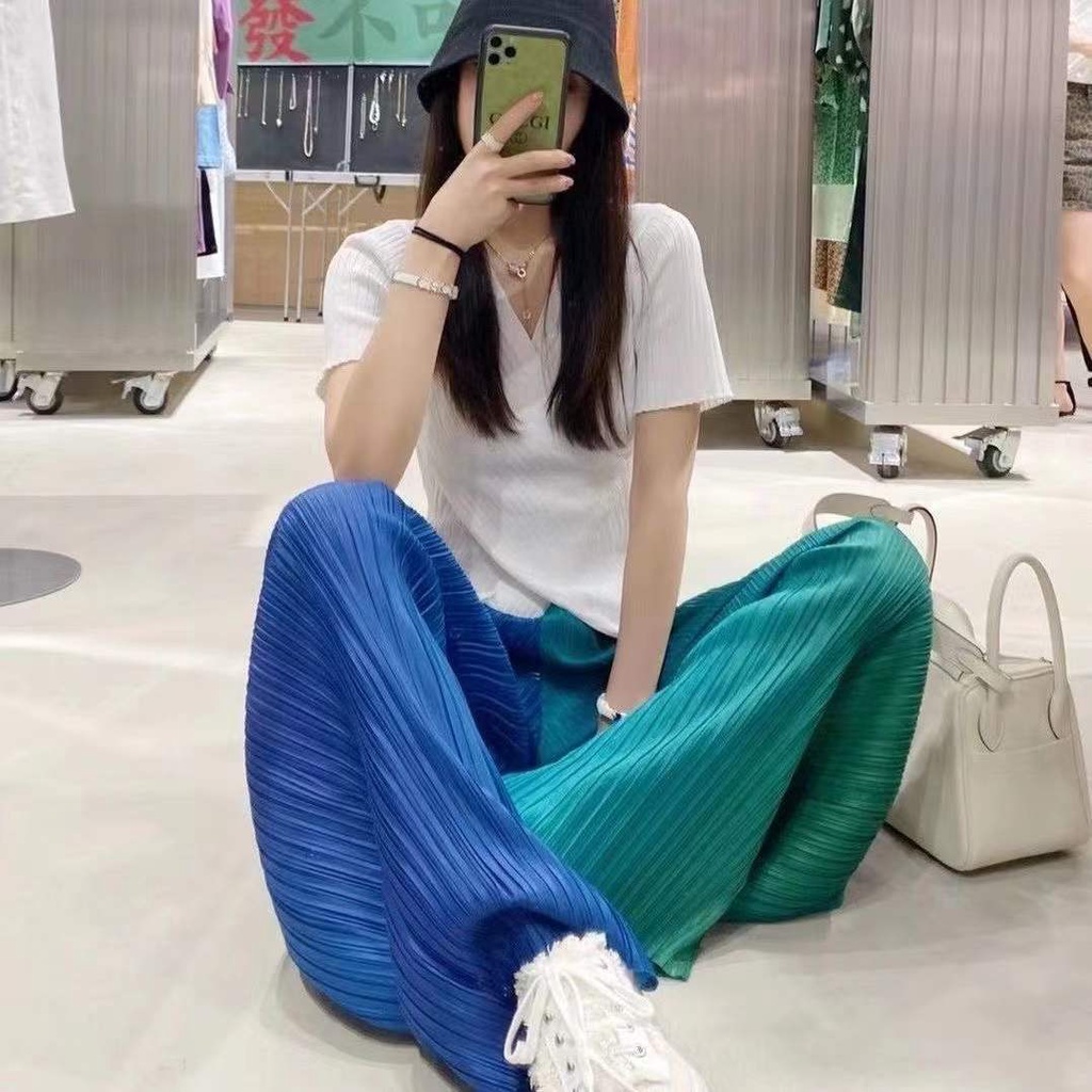 กางเกงขากว้างลําลอง เอวสูง แต่งจับจีบ ไล่โทนสีรุ้ง แฟชั่นฤดูใบไม้ผลิ และฤดูร้อน สําหรับผู้หญิง