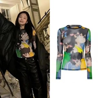 Jin Zhini jennie เสื้อเชิ้ตซีทรู แขนยาว พิมพ์ลาย เข้ารูป เซ็กซี่ สําหรับผู้หญิง