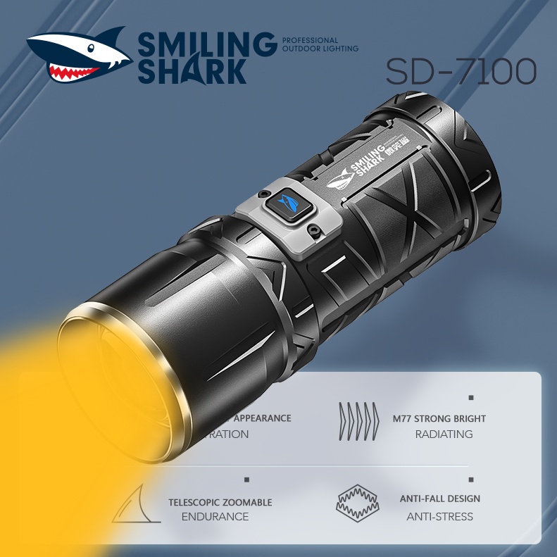 Smiling Shark ไฟฉายสีเหลือง M77 8400LM พลังงานสูง Super Bright ไฟฉาย 10000mAh USB ชาร์จใหม่ได้ Zooma