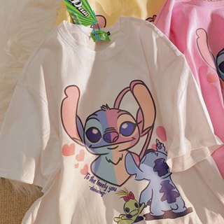 ❣เสื้อยืด สไตล์สตรีท❣ใหม่ เสื้อยืดแขนสั้น ผ้าฝ้ายแท้ ทรงหลวม ลาย Stitch น่ารัก สไตล์เกาหลี สําหรับผู้หญิง นักเรียน