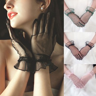 ถุงมือผ้าตาข่าย แต่งระบาย สีดํา สีขาว สไตล์เกาหลี สําหรับผู้หญิง เจ้าสาว ใส่ออกงานราตรี
