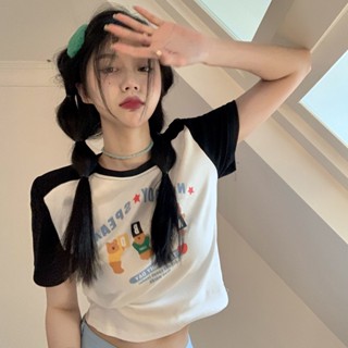[พร้อมส่ง] เสื้อยืดแขนสั้น พิมพ์ลายหมี เข้ารูป สําหรับผู้หญิง