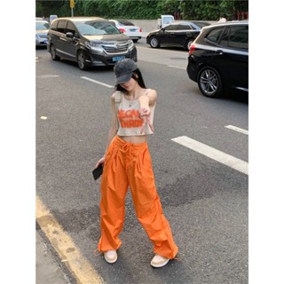 ชุดเซ็ท 2 ชิ้น 🧡 สีส้มหลวมผู้หญิงอินเทรนด์สูงถนนกางเกงลำลองฤดูร้อนเอวสูงกางเกงขากว้างตรง